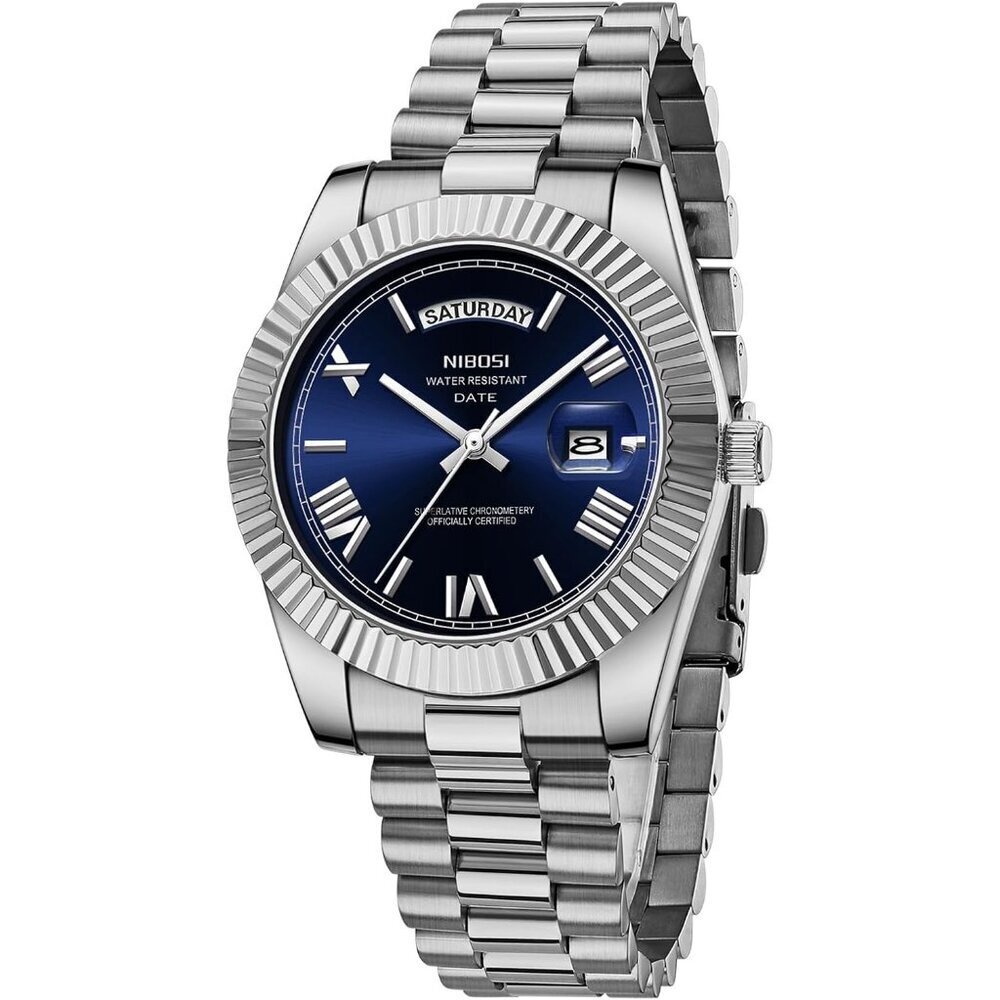 Men's Silver Blue Stain Steel Analog Classic Design Stylish Wrist Dress Watch